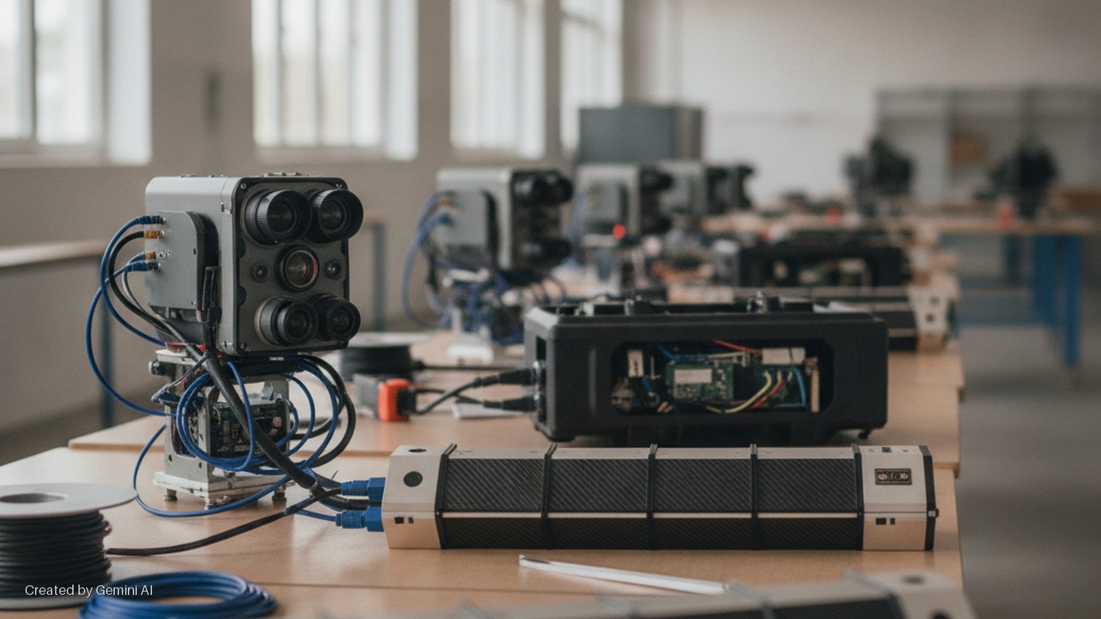 A laboratory workbench displays a multi-lens camera system connected by blue cables, an open electronics case, and a carbon-fiber textured device, with similar equipment visible on other tables in a naturally lit room.