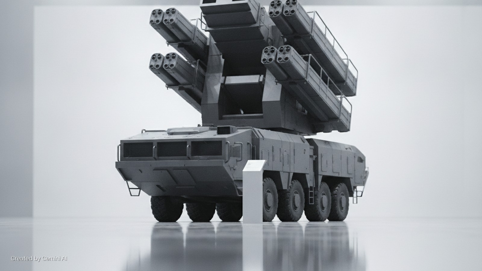 A grey, multi-wheeled military air defense missile system with multiple missile launch tubes is displayed in a brightly lit studio with a reflective floor and light gray walls.