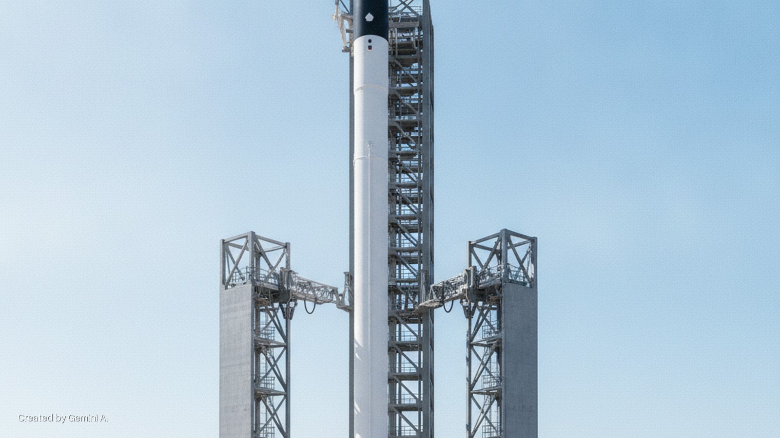 A white and black rocket stands on a launch pad, flanked by a tall central tower and two shorter side towers with connecting arms, under a clear blue sky.