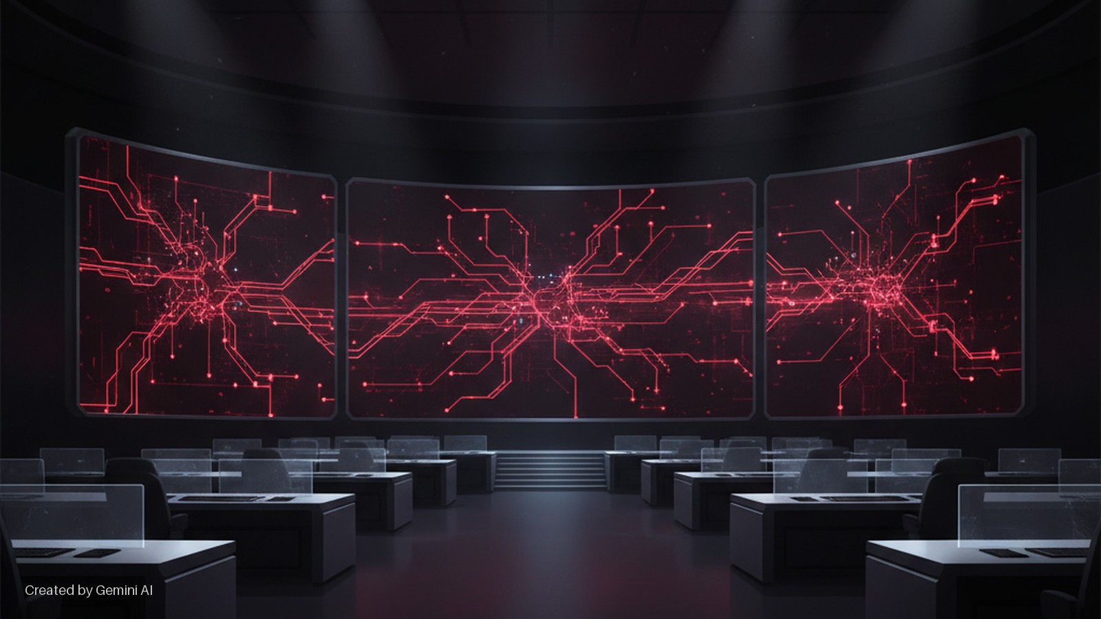 A dark control room features three large curved screens displaying a glowing red circuit board design, with multiple rows of empty desks, transparent dividers, and a central raised platform, all dimly lit by overhead spotlights and the scre