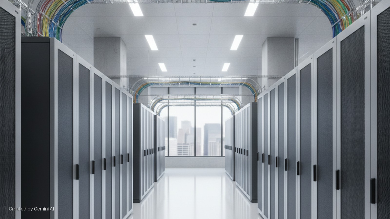 Two rows of server racks line a brightly lit data center corridor with colorful overhead data cables and a blurred cityscape visible through a far window.