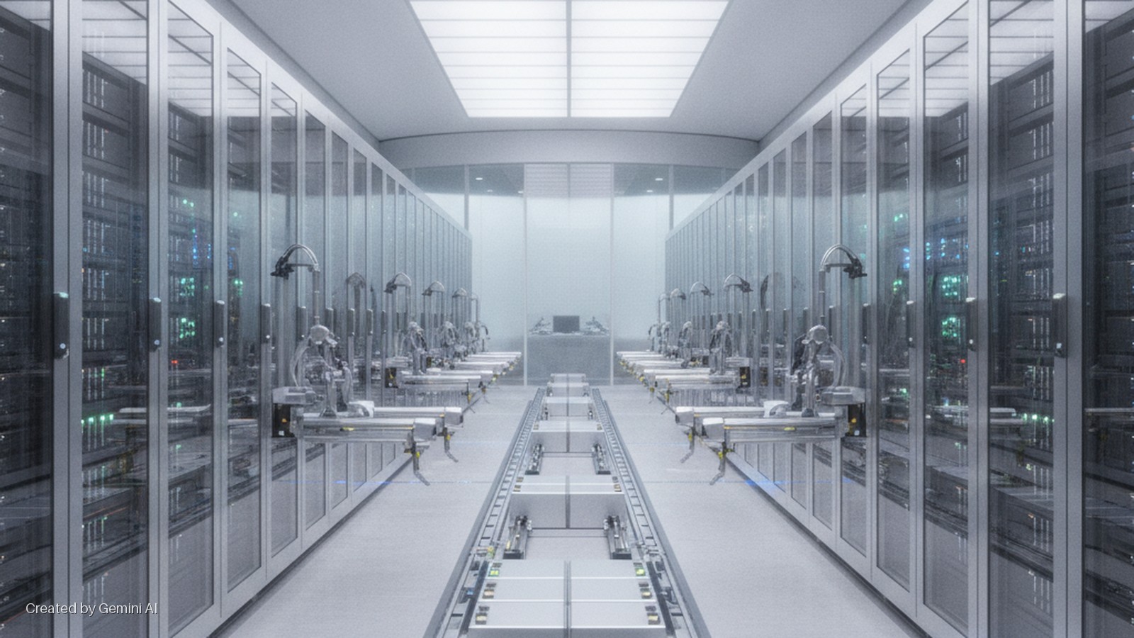 A brightly lit, clean data center features parallel rows of glass-fronted server racks, each flanked by automated robotic systems, with a central track containing several modules leading to a monitor-equipped workstation at the far end.