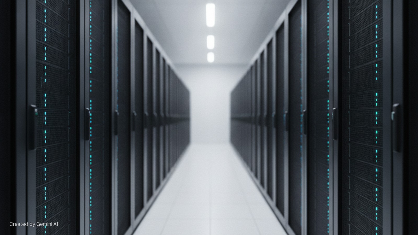 A brightly lit data center aisle features two rows of dark server racks displaying vertical lines of glowing blue status lights, extending into the distance.