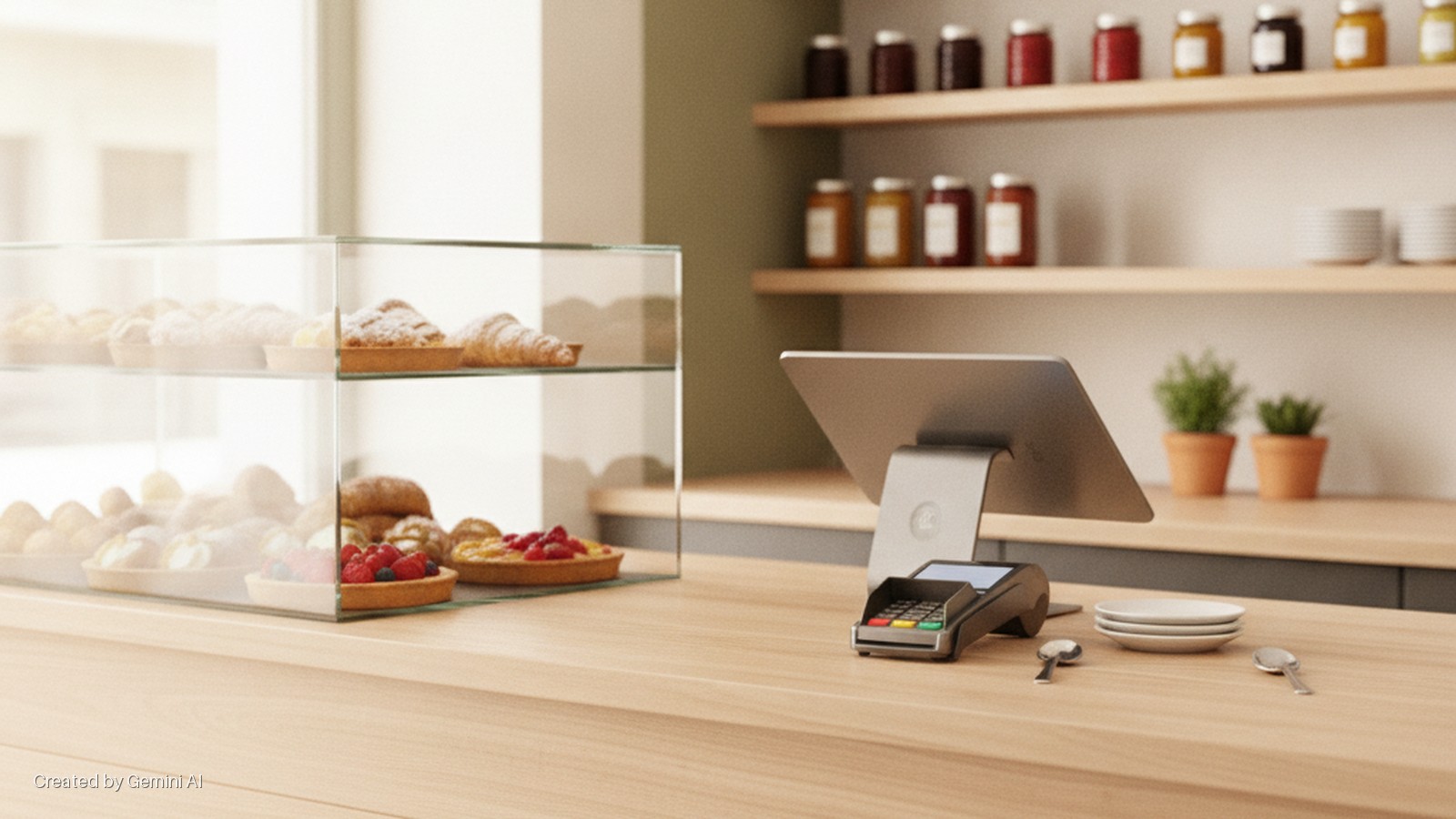 Bright natural light illuminates a bakery or cafe counter featuring a glass display case with pastries, a POS tablet and card reader, small plates, spoons, and jars on background shelves.
