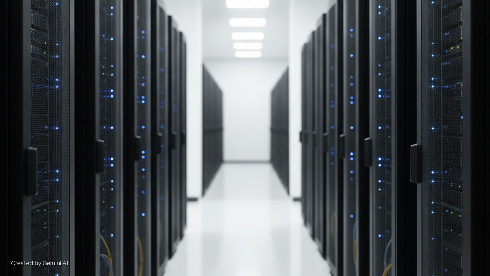 A data center aisle lined with black server racks showing glowing blue indicator lights and some yellow cables, illuminated by bright overhead lights.