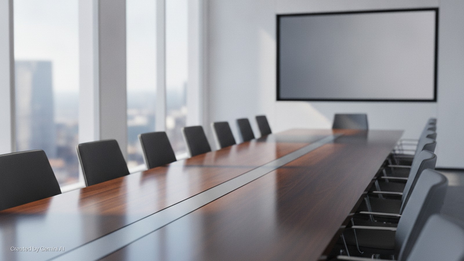 Bright modern conference room featuring a long wooden table, black office chairs, a large wall-mounted screen, and tall windows with a city view.