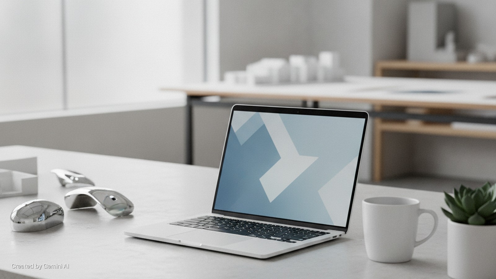 An open laptop displaying a geometric blue and grey pattern, three chrome abstract sculptures, a white mug, and a potted succulent rest on a light grey desk in a brightly lit office, with architectural models in the background.