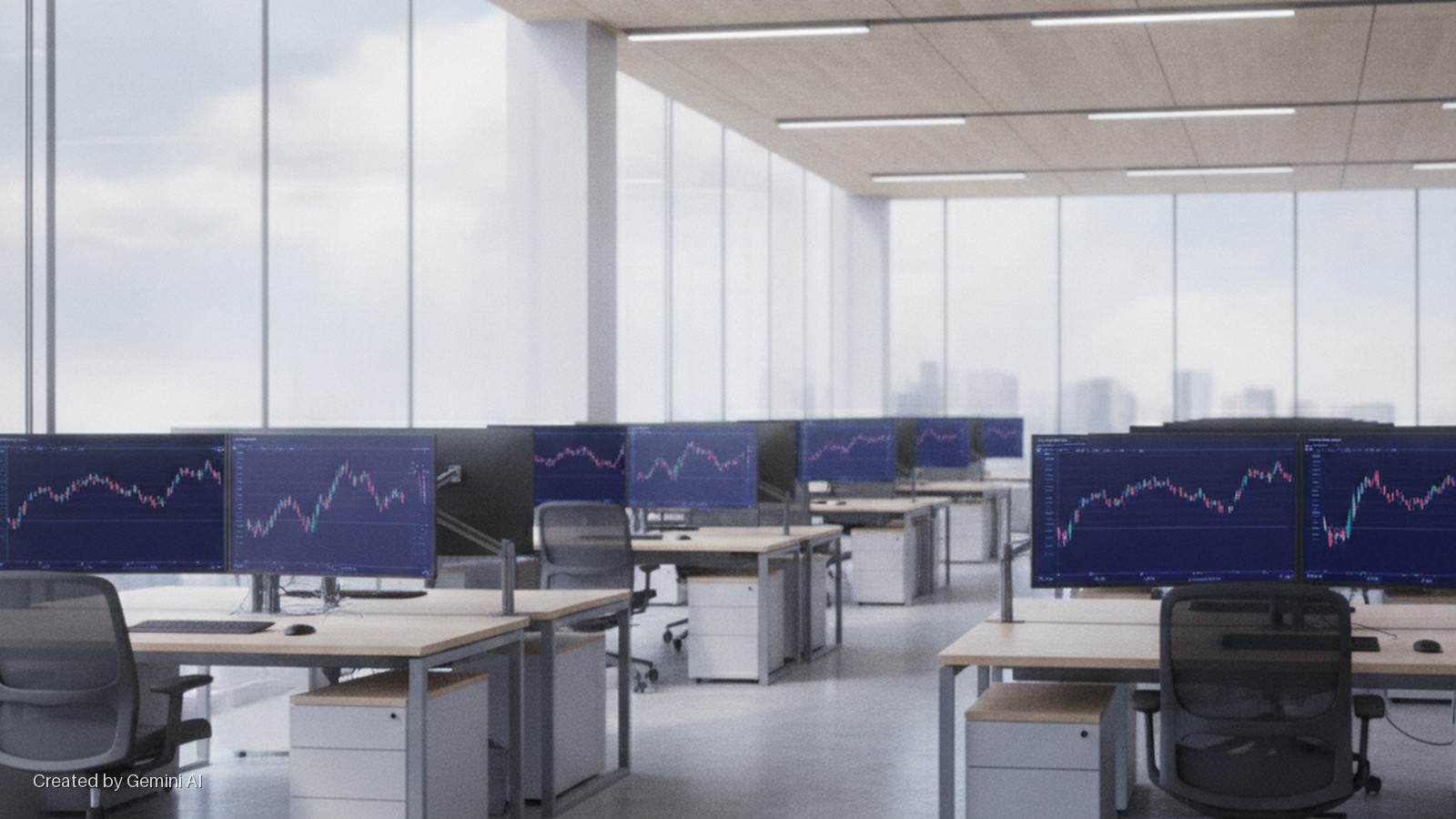 A bright, modern open-plan office features rows of workstations, each with dual monitors displaying financial charts, illuminated by large windows and overhead artificial lighting.