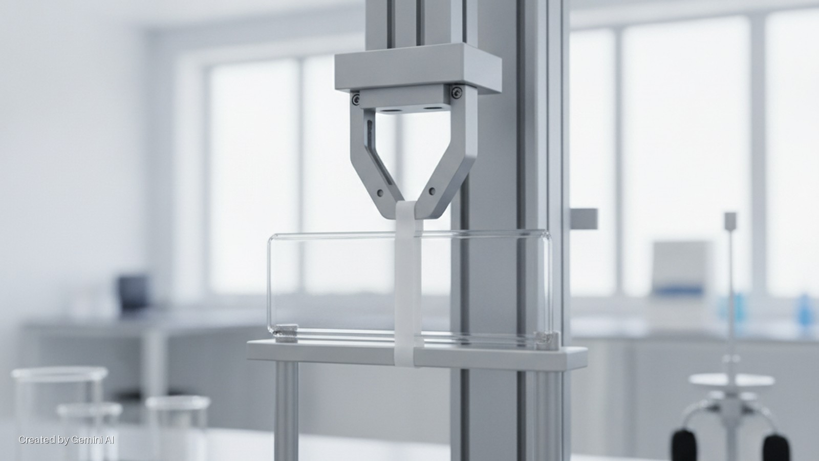 A robotic gripper holds a white strip beneath a clear rectangular container, part of a testing apparatus in a brightly lit, clean laboratory with large windows.