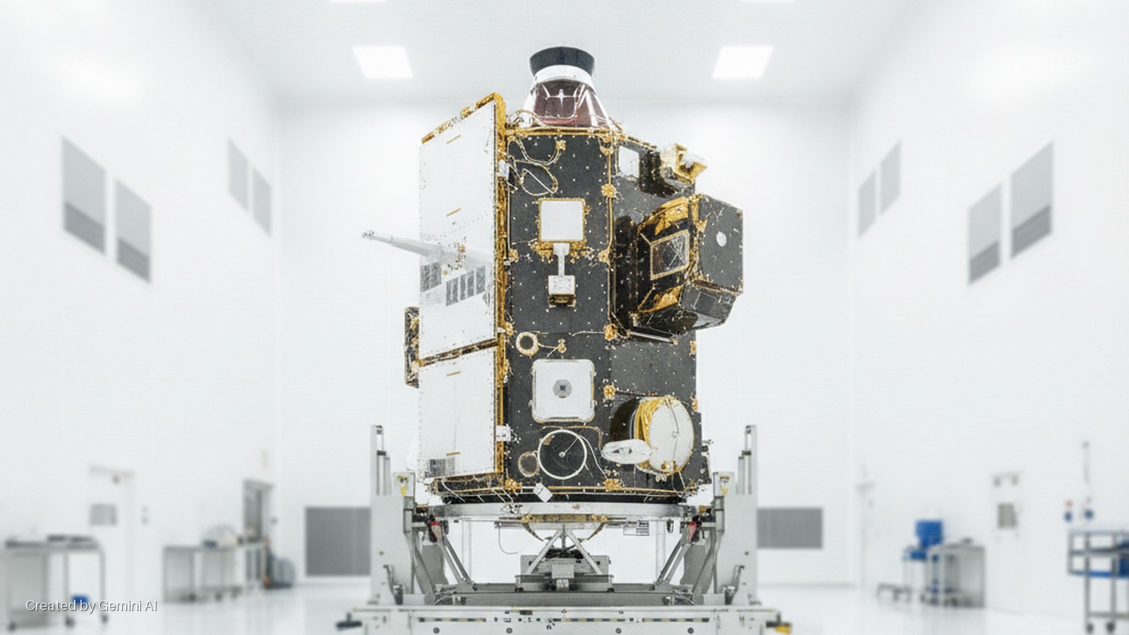 A multi-colored satellite with dark, gold, and white panels sits on a silver test stand in a brightly lit white cleanroom with blurred lab equipment and doors in the background.