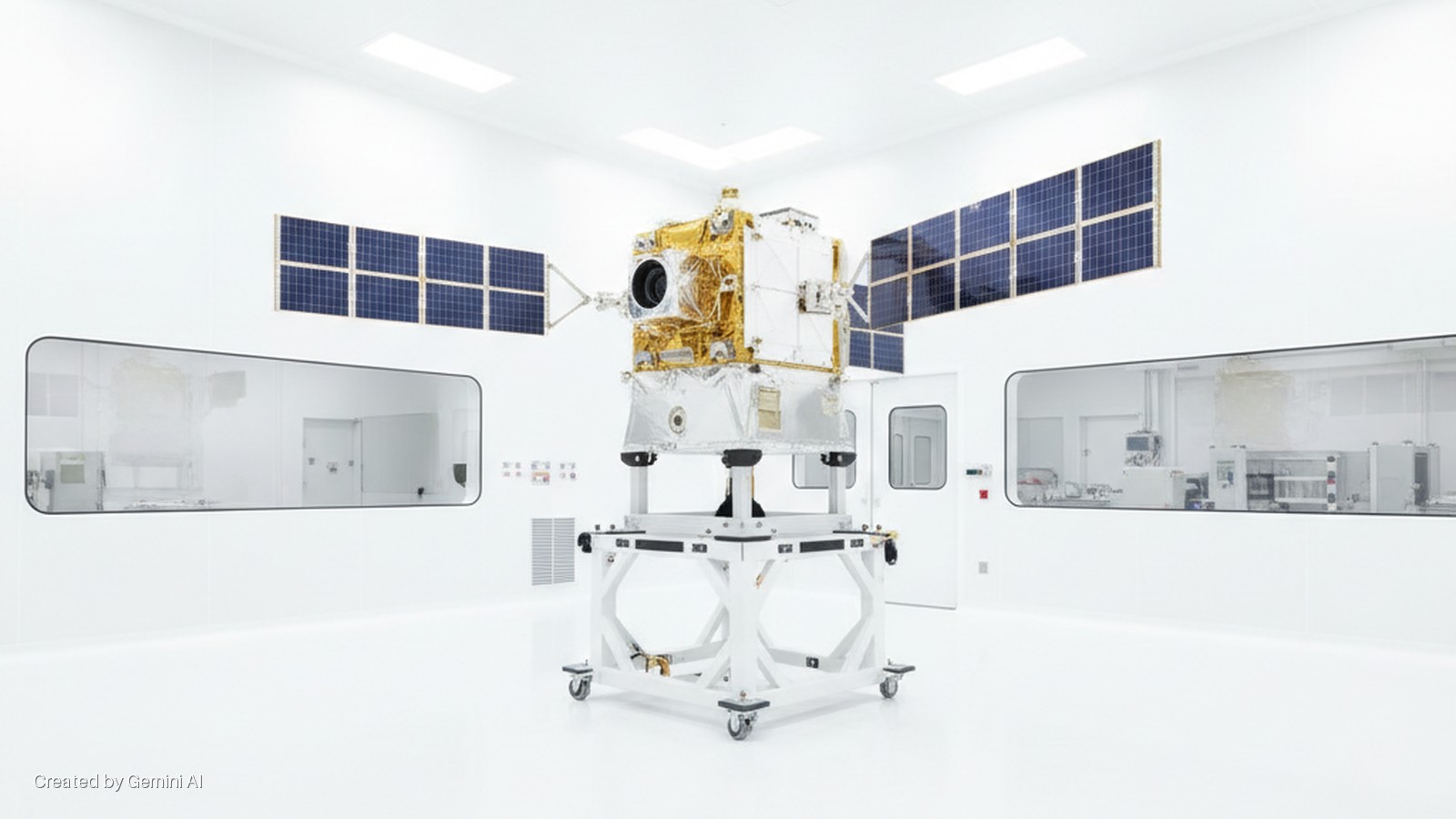 A gold and silver satellite with deployed solar panels rests on a white wheeled stand in a brightly lit cleanroom with observation windows.