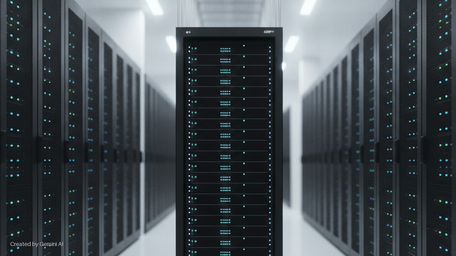 A brightly lit data center aisle features a suspended black server rack in the foreground, flanked by rows of other black server racks, all displaying numerous blue and green indicator lights.