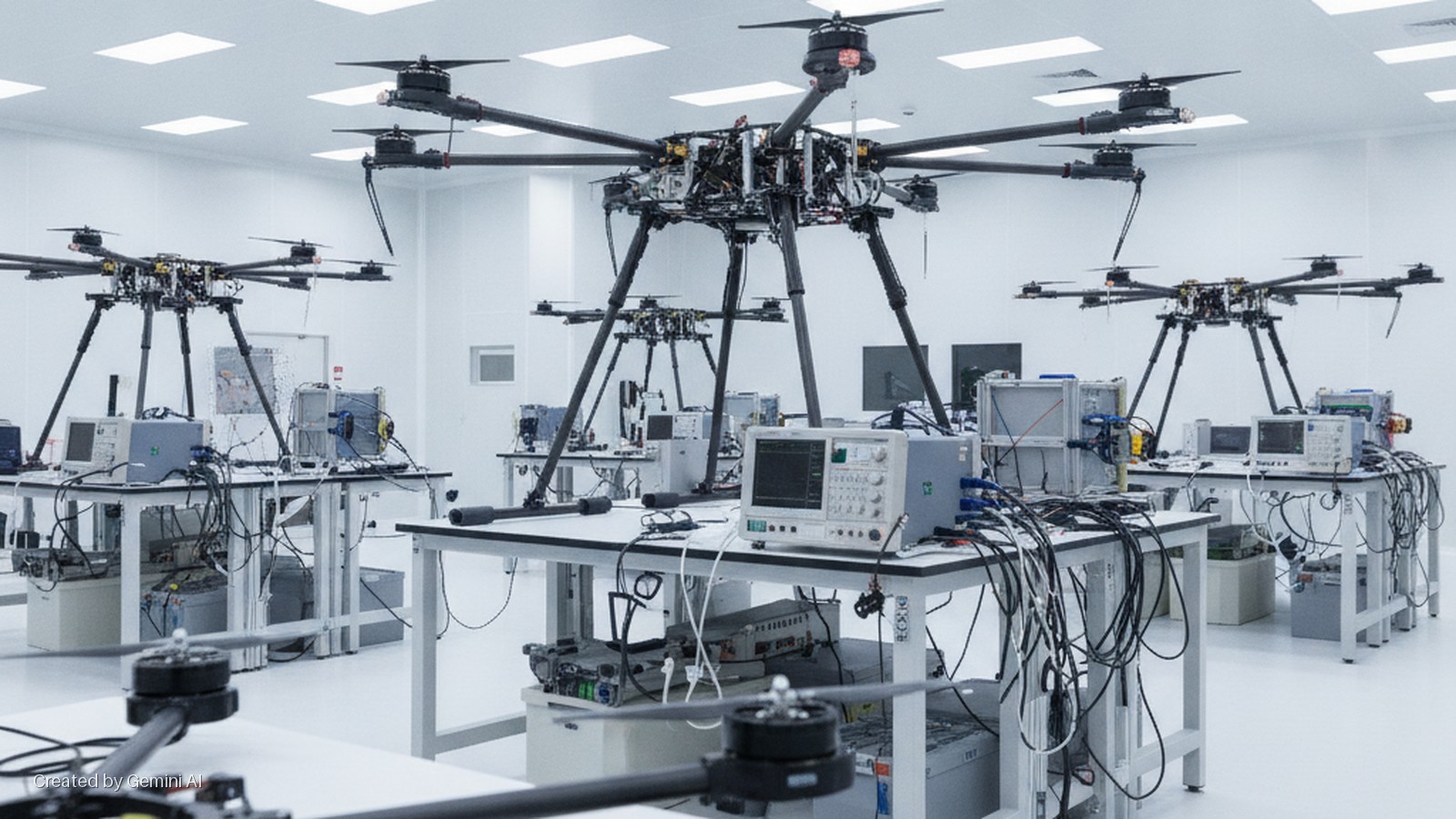 Several large multi-rotor drones are positioned on tables with extensive laboratory equipment and wiring in a brightly lit, clean testing facility.