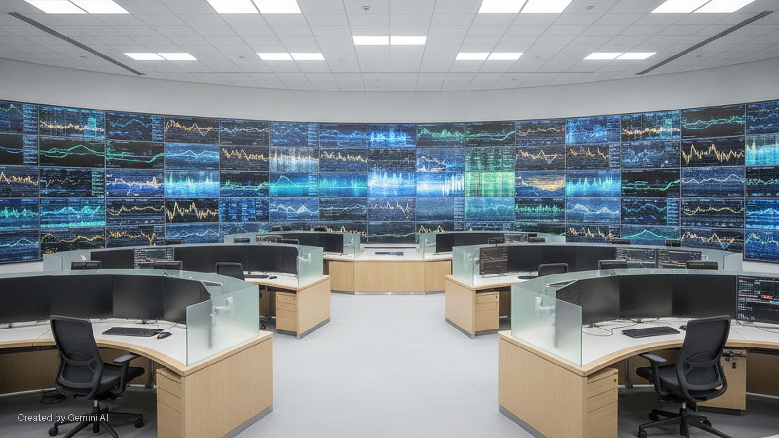 A brightly lit modern control room features a large, curved display wall showing numerous data charts, surrounded by multiple curved workstations, each with several monitors, keyboards, mice, black office chairs, and light wood desks with f