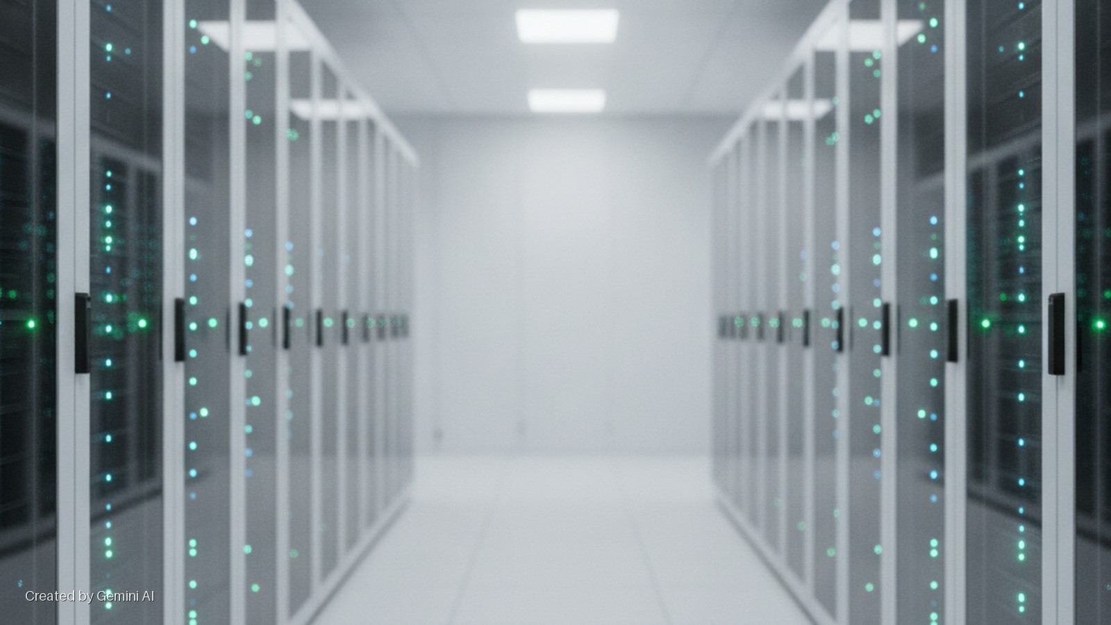 A brightly lit data center aisle extends between two rows of server racks displaying glowing green and blue status lights visible through their panels.