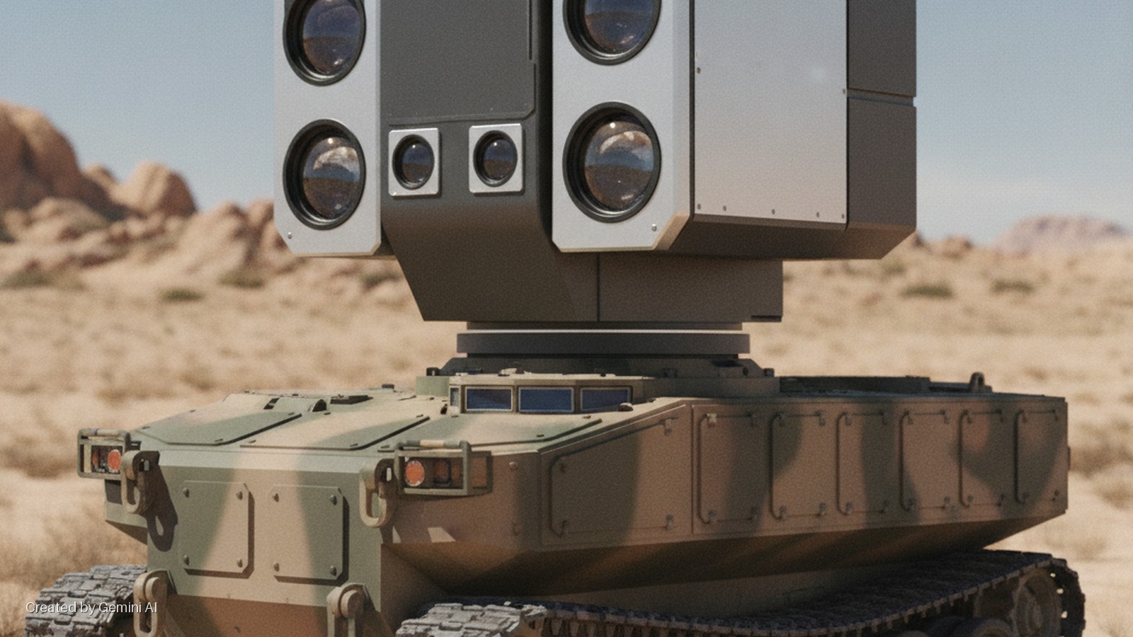 A camouflaged tracked military robot with a multi-lens sensor turret stands in a brightly lit desert landscape with distant rocky formations.