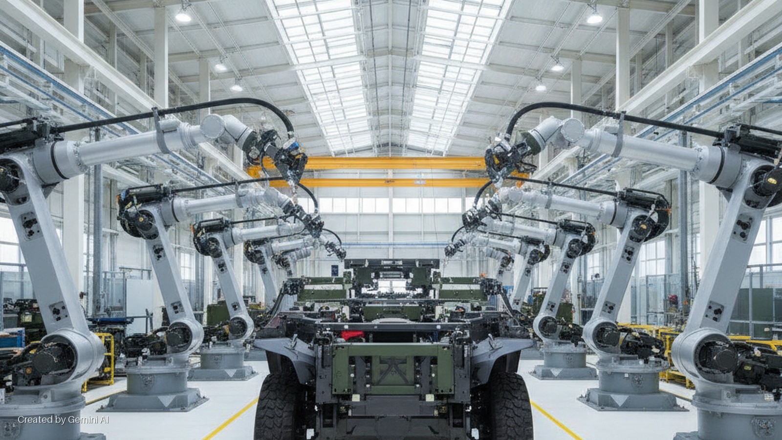 Robotic arms on an assembly line build a vehicle chassis in a well-lit factory.