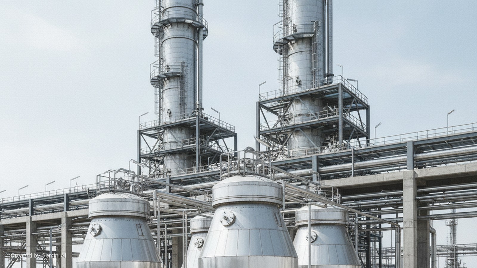 Tall silver industrial towers and large conical tanks interconnected by extensive piping stand under an overcast sky at a processing plant.