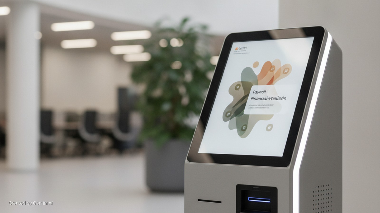 A modern self-service kiosk with an illuminated touchscreen displaying "Payroll" and "Financial-Wellness" stands in a bright, blurred office interior with a plant and chairs.
