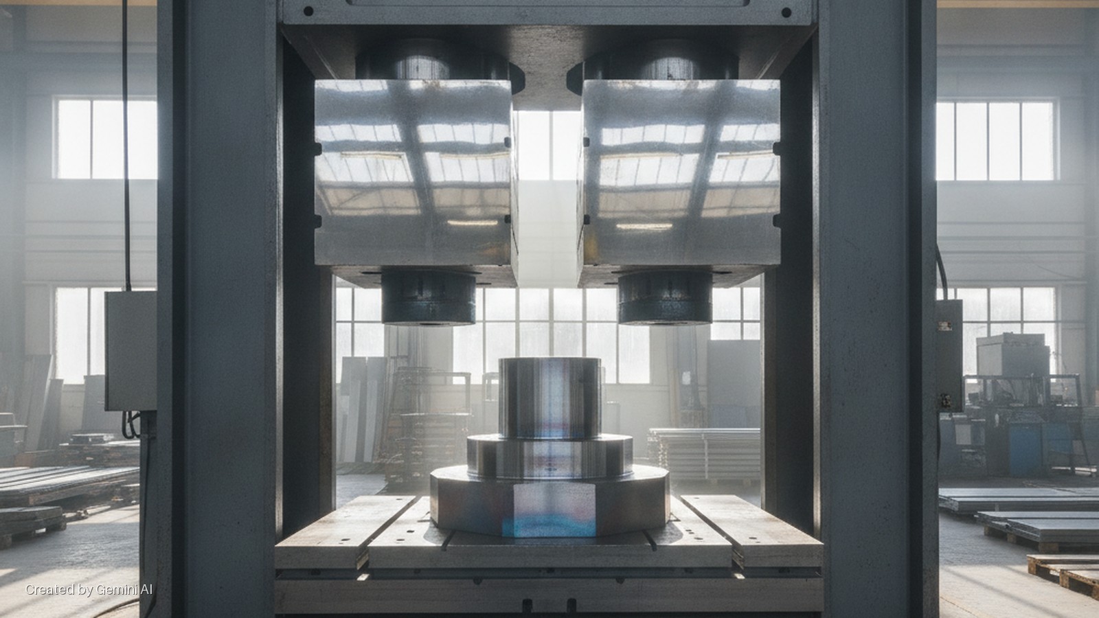 An industrial hydraulic press with a multi-tiered metal cylinder on its bed stands in a brightly lit factory workshop, surrounded by stacks of metal sheets and pallets.