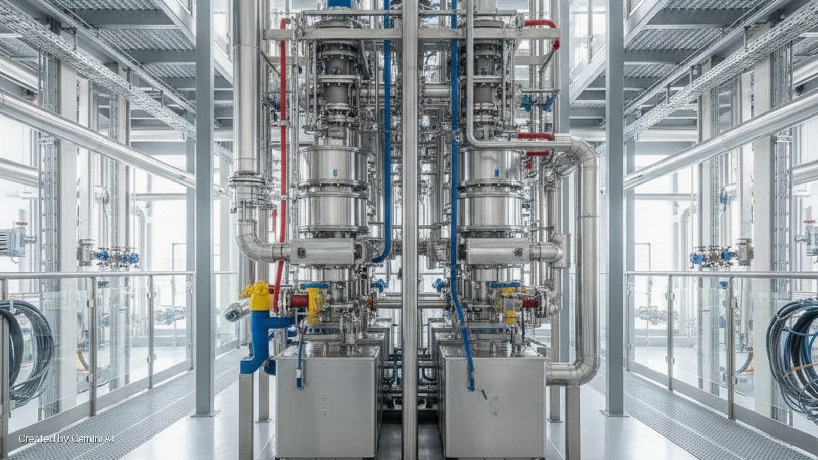 A brightly lit, modern industrial facility showcases complex stainless steel processing machinery with red and blue pipes, flanked by metal catwalks and large windows.