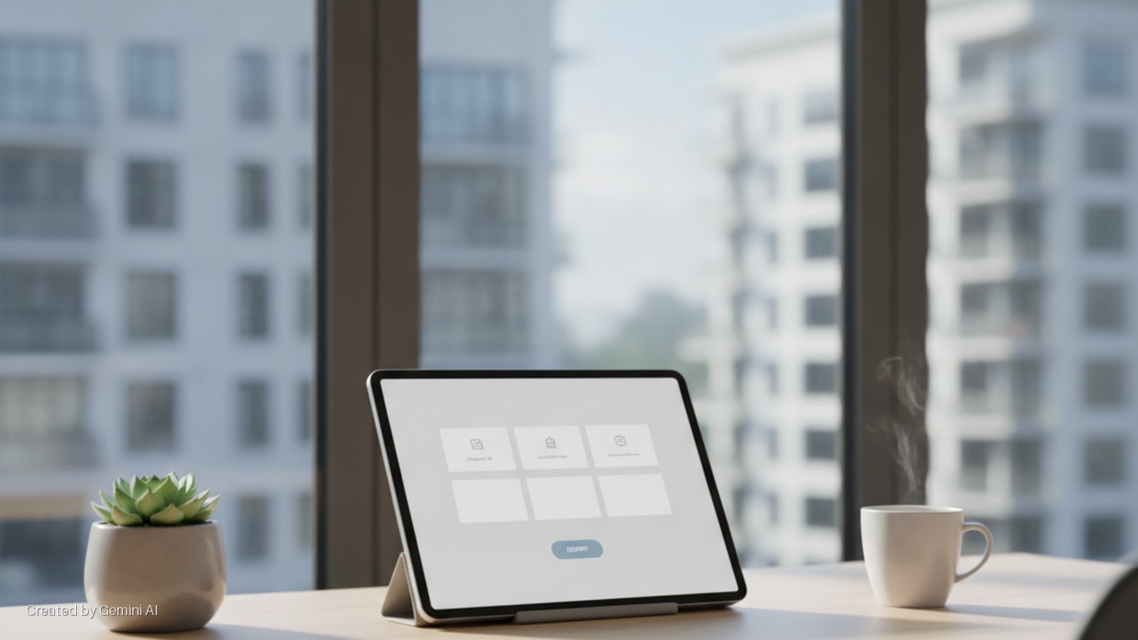 A succulent plant, a tablet displaying a user interface, and a steaming white coffee mug sit on a wooden desk in front of a window overlooking blurred white buildings under bright natural light.