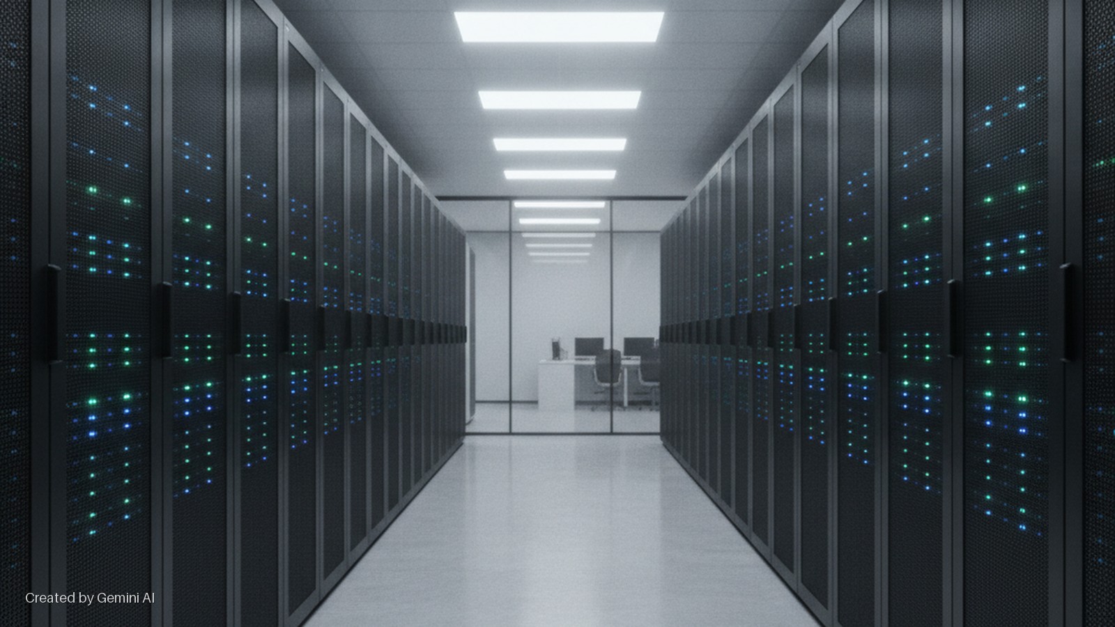 A long corridor in a data center is lined with dark server racks displaying glowing blue and green indicator lights, leading to a glass-partitioned office space with desks and computers, brightly lit by overhead ceiling panels.