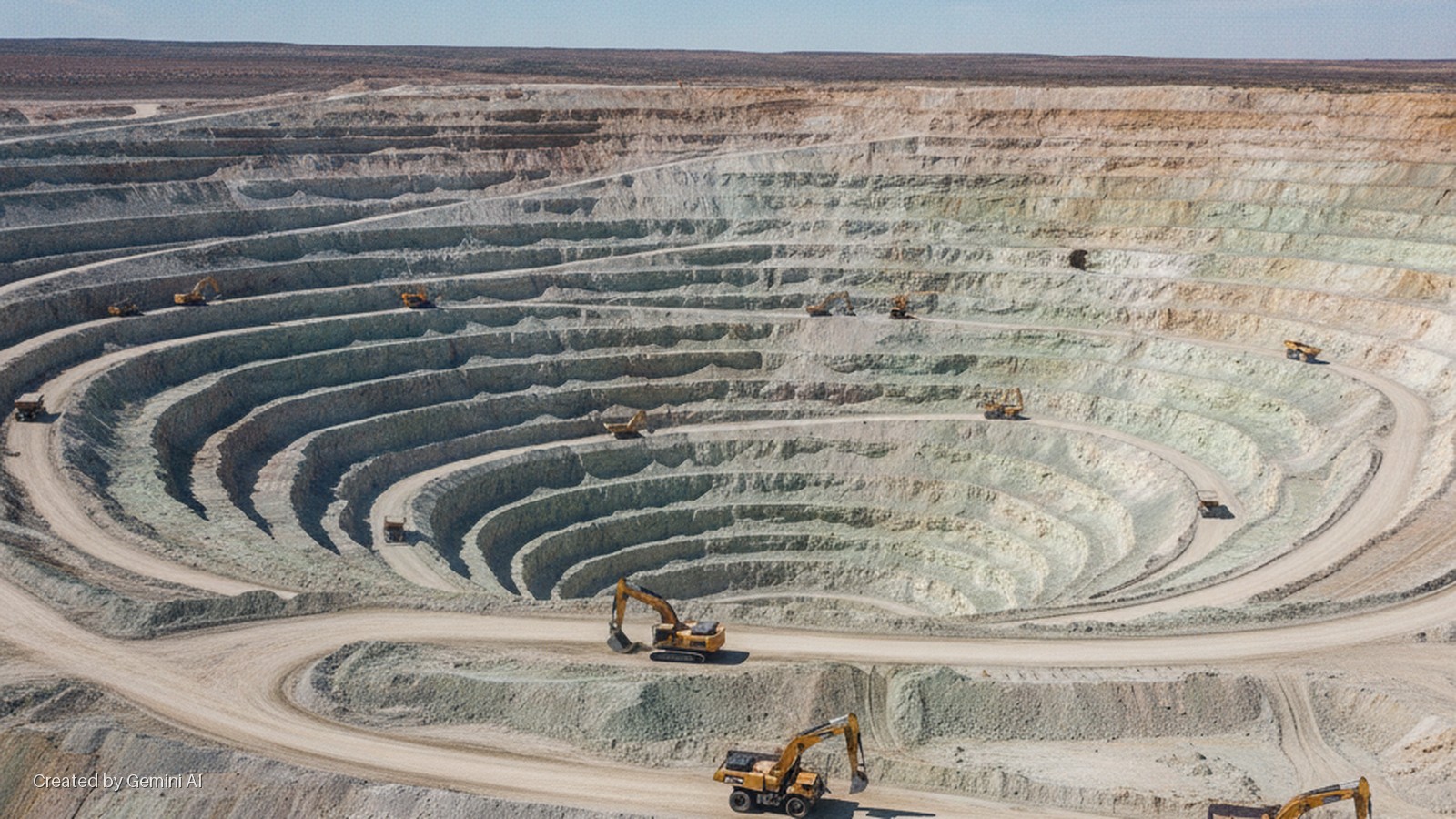 A vast open-pit mine features multiple excavators and dump trucks operating on terraced roads under bright daylight.