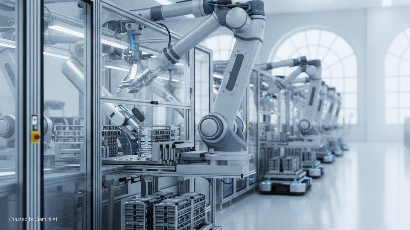 Brightly lit automated factory featuring multiple robotic arms working within glass cells, with AGVs on the floor and a row of arched windows in the background.