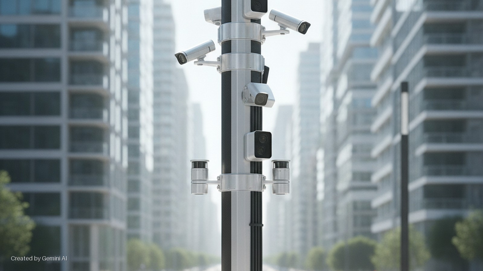 A tall street pole equipped with multiple surveillance cameras and sensors stands in the foreground, with blurred modern high-rise buildings and trees under bright, diffused daylight.