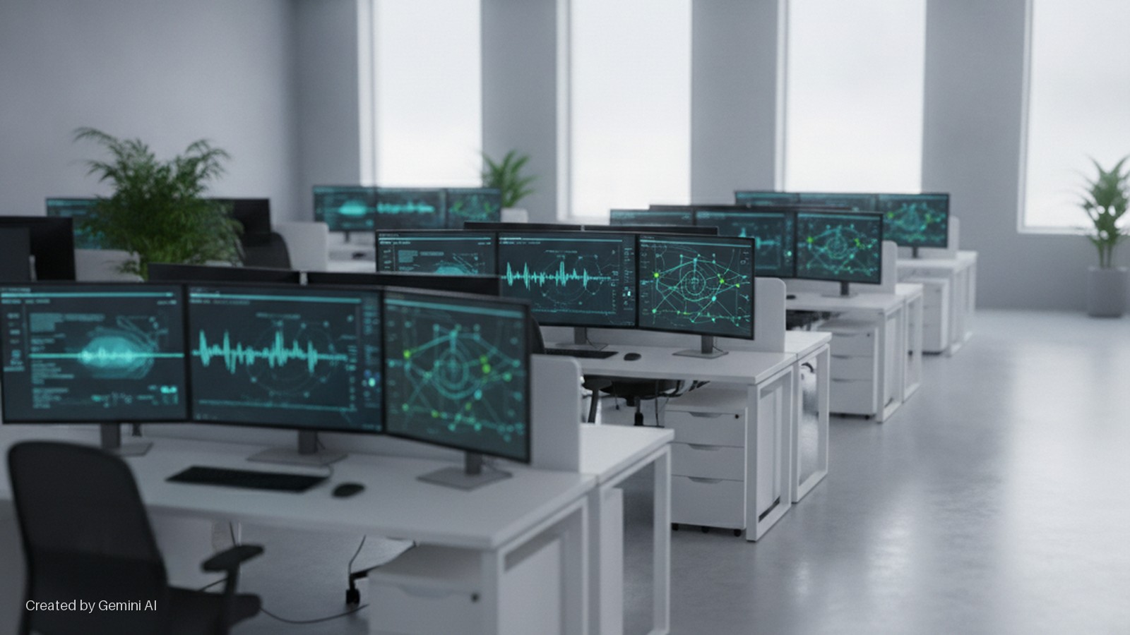 A bright, modern office features rows of white desks with multiple computer monitors displaying glowing blue-green data, black office chairs, and potted plants, all illuminated by natural light from large windows.