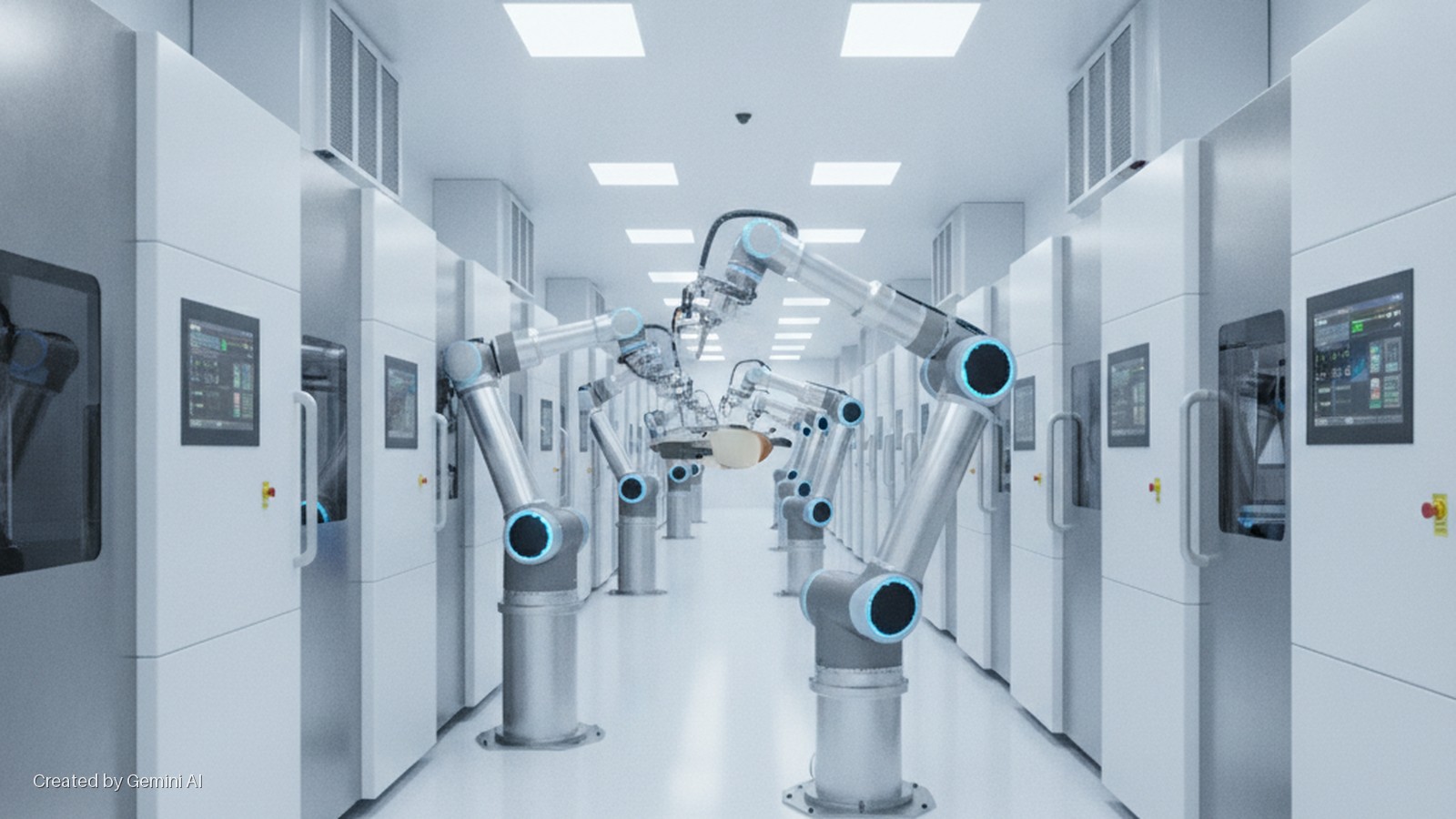 A brightly lit cleanroom aisle features multiple robotic arms manipulating a small processing unit, flanked by rows of white automated machines with digital screens and overhead square lights.