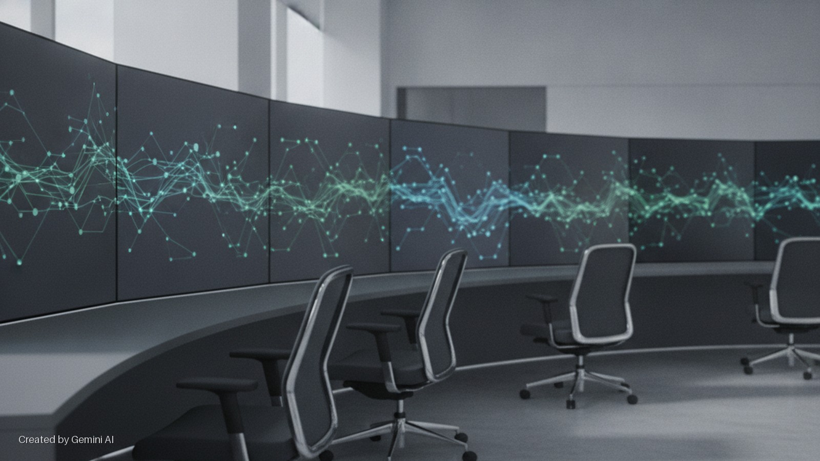 Brightly lit modern control room with a curved console facing multiple large screens displaying abstract green and blue network data patterns, and several empty ergonomic office chairs.