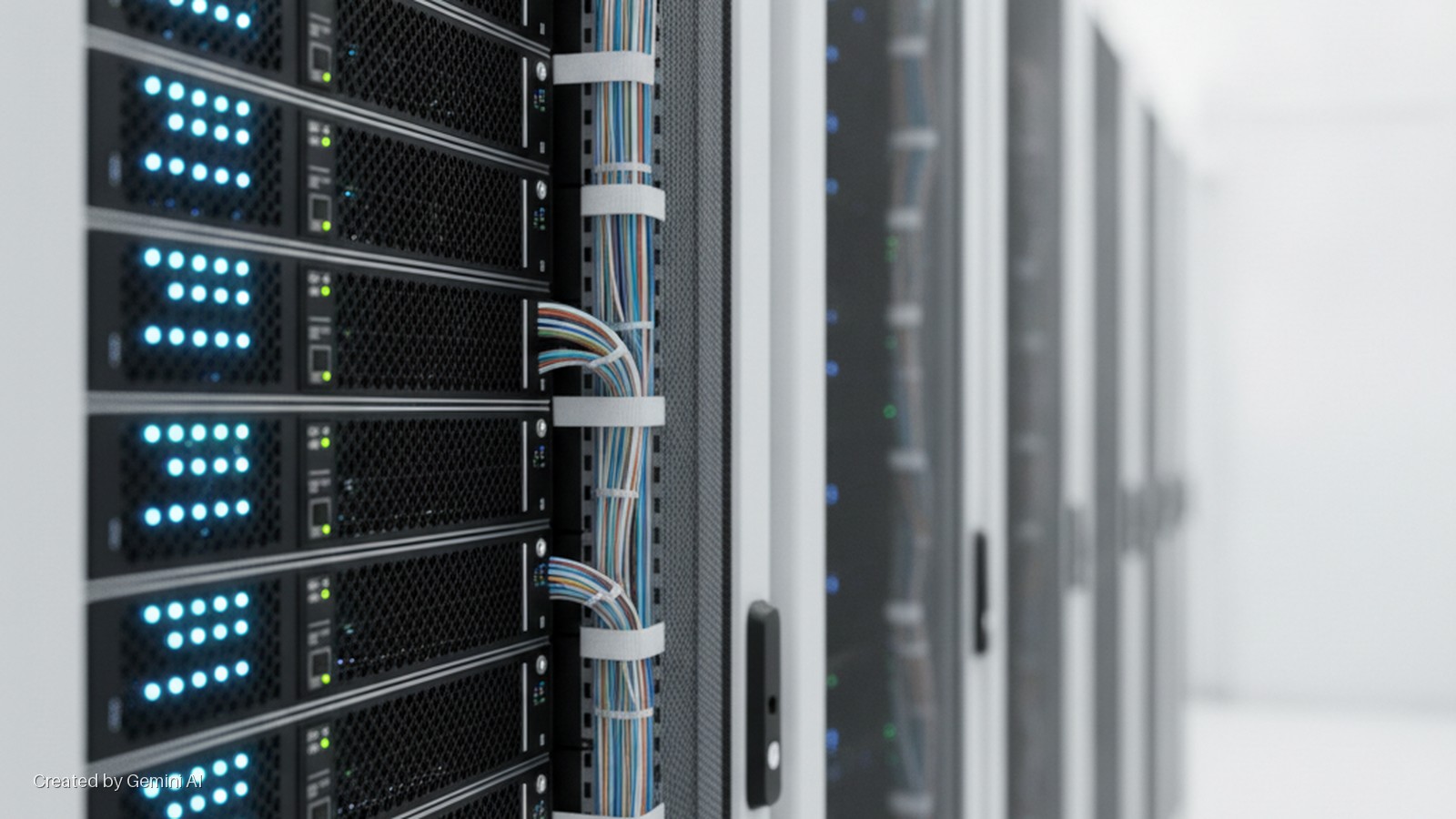 A row of black server racks with glowing blue and green indicator lights and neatly bundled multicolored cables extends into the brightly lit background of a data center.
