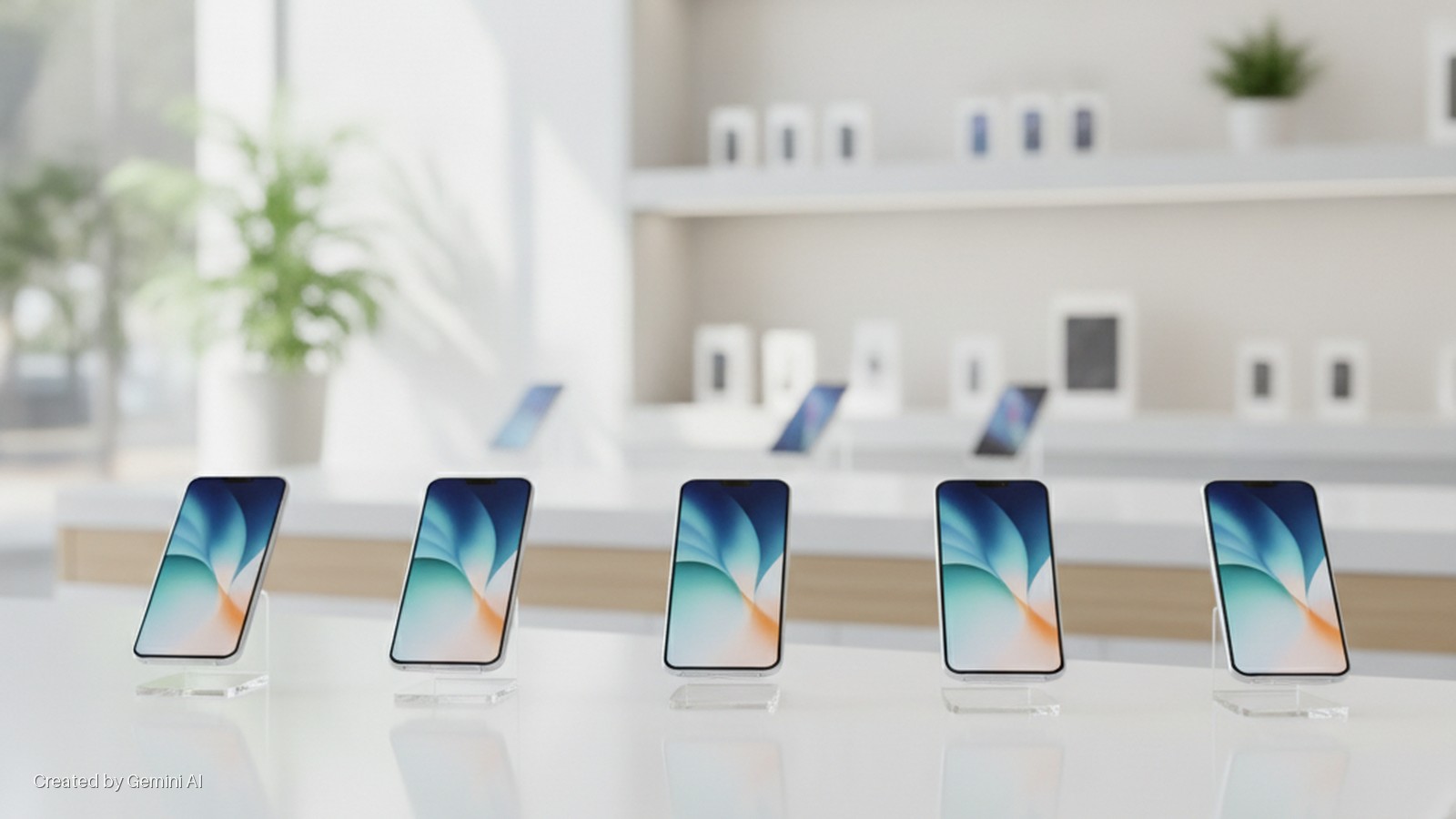 Five identical smartphones on clear display stands are arranged on a white counter in a brightly lit tech showroom, with blurred shelves of products and plants in the background.