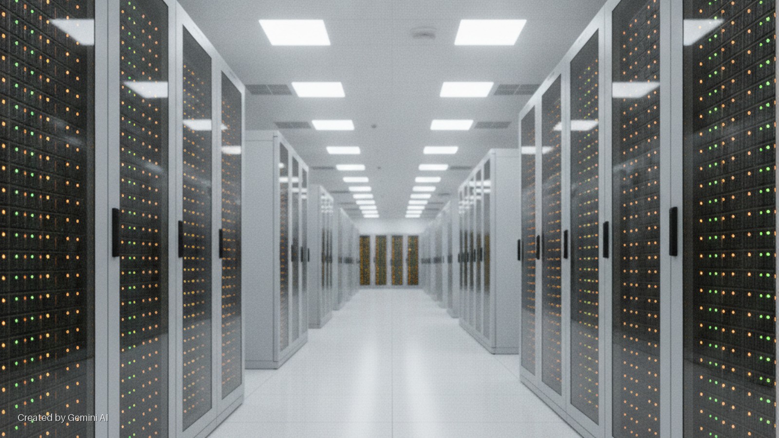A long corridor in a modern data center is lined with server racks displaying blinking orange and green LED indicators, brightly lit by square overhead fluorescent lights.