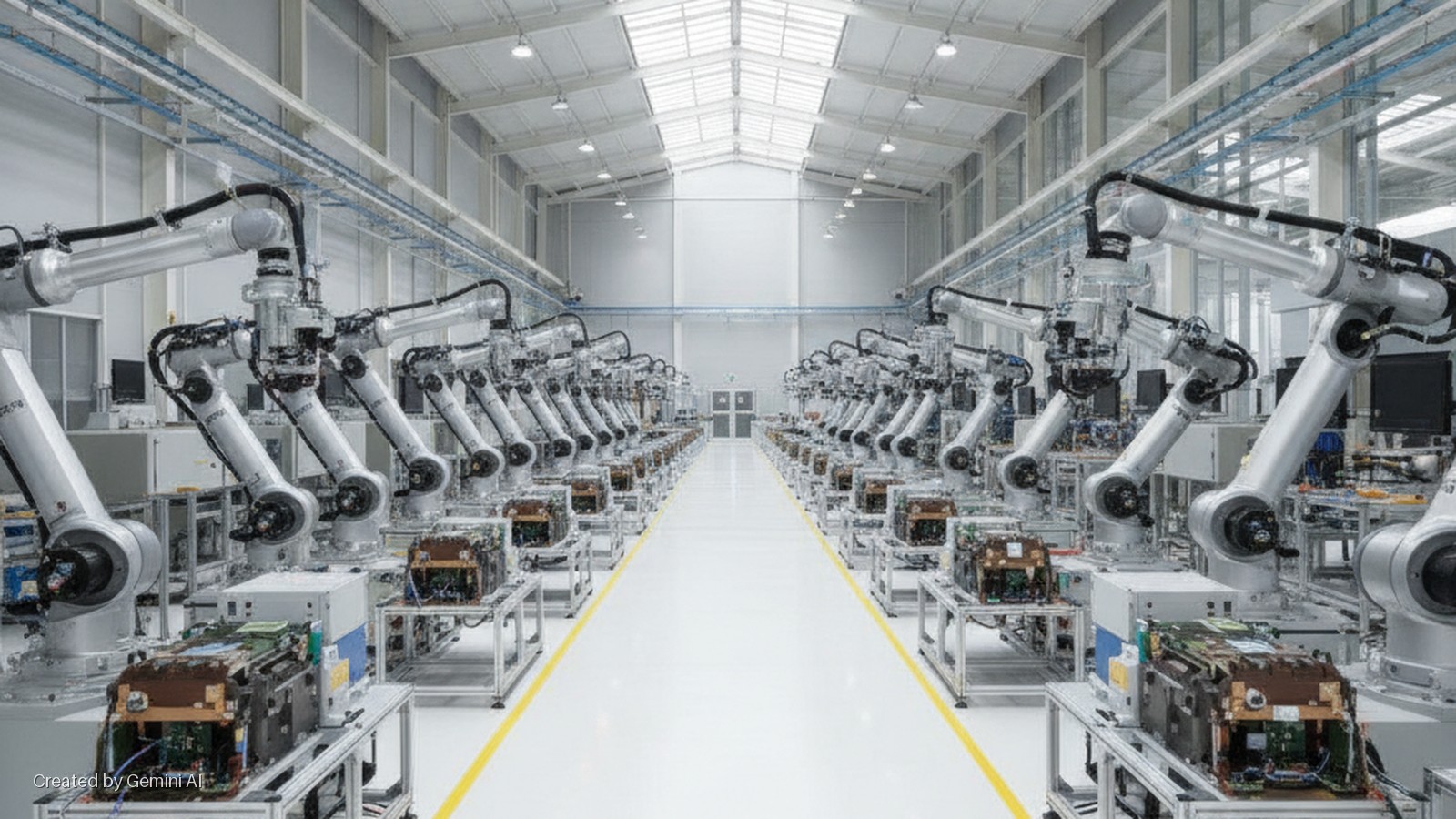 A brightly lit, clean factory floor features two symmetrical rows of industrial robotic arms positioned over open electronic machinery, leading down a central aisle towards a distant wall with double doors.