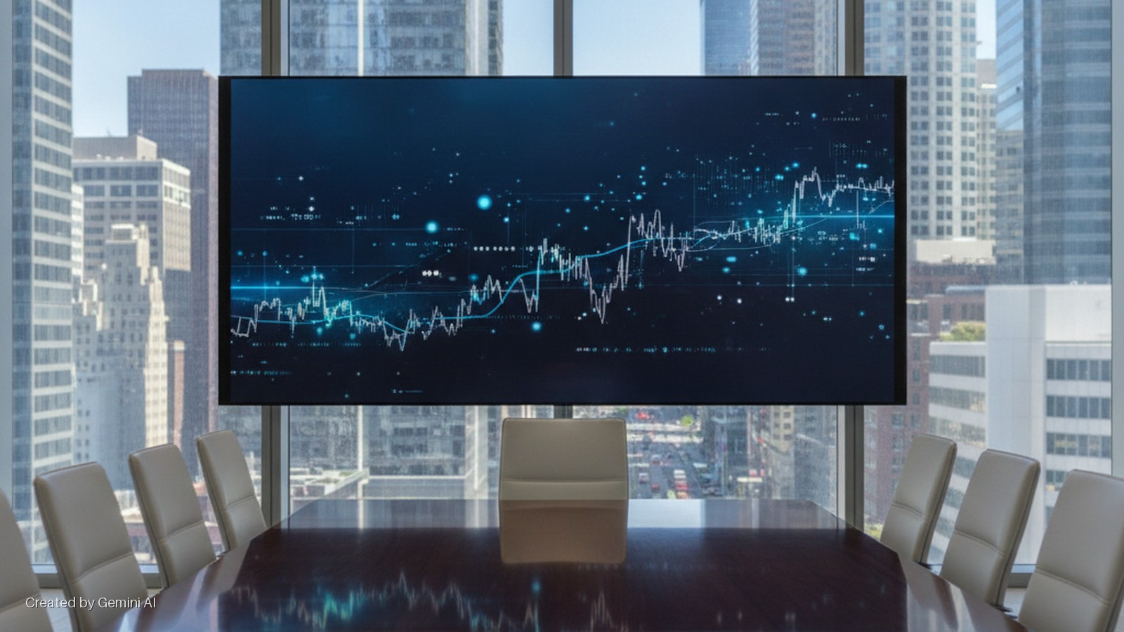 A modern conference room features a large screen displaying a blue financial graph, a glossy wooden table reflecting the scene, and beige chairs, all set against a bright city skyline viewed through expansive windows.