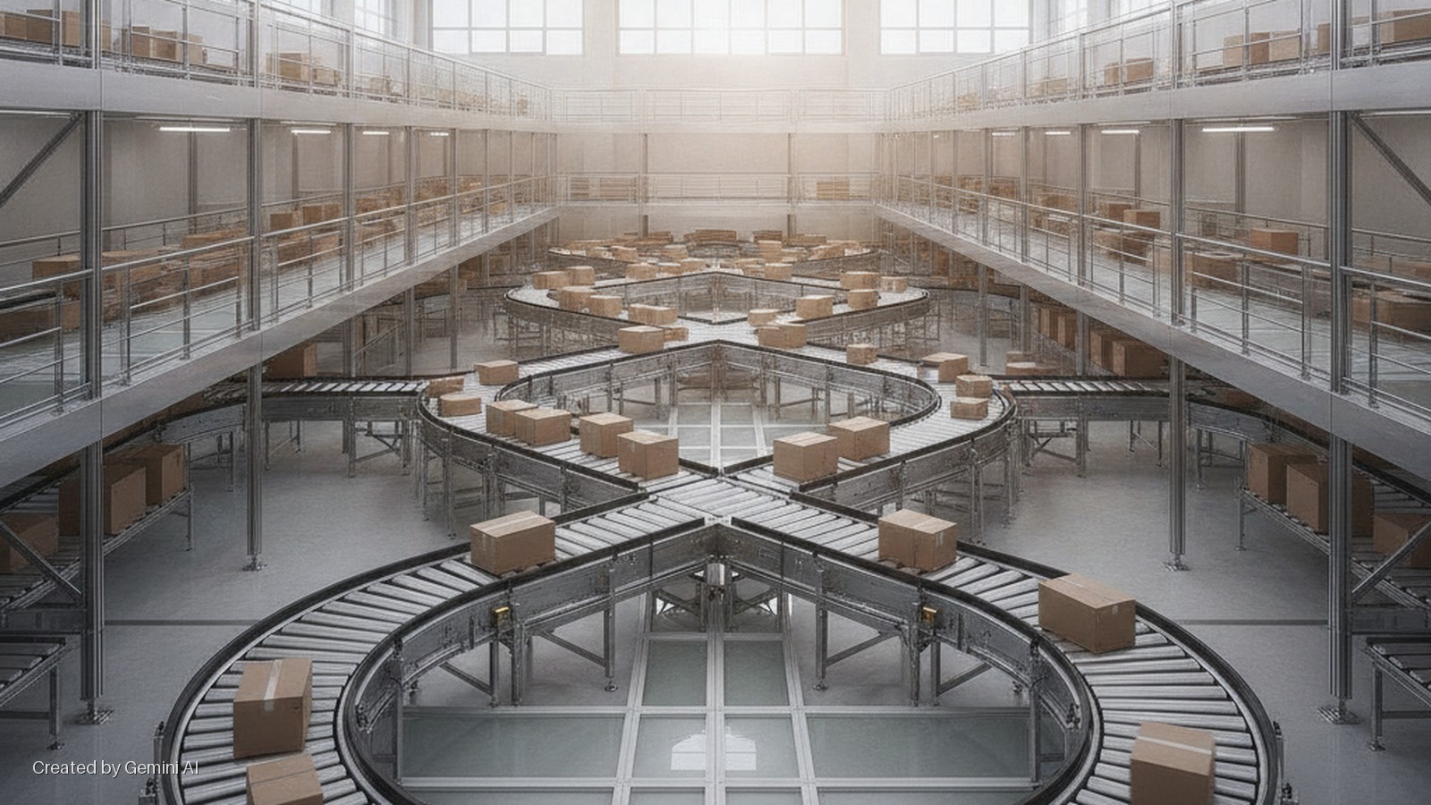 Cardboard boxes are transported on numerous crisscrossing conveyor belts within a brightly lit, multi-level warehouse featuring additional boxes on shelves and large windows providing natural light.