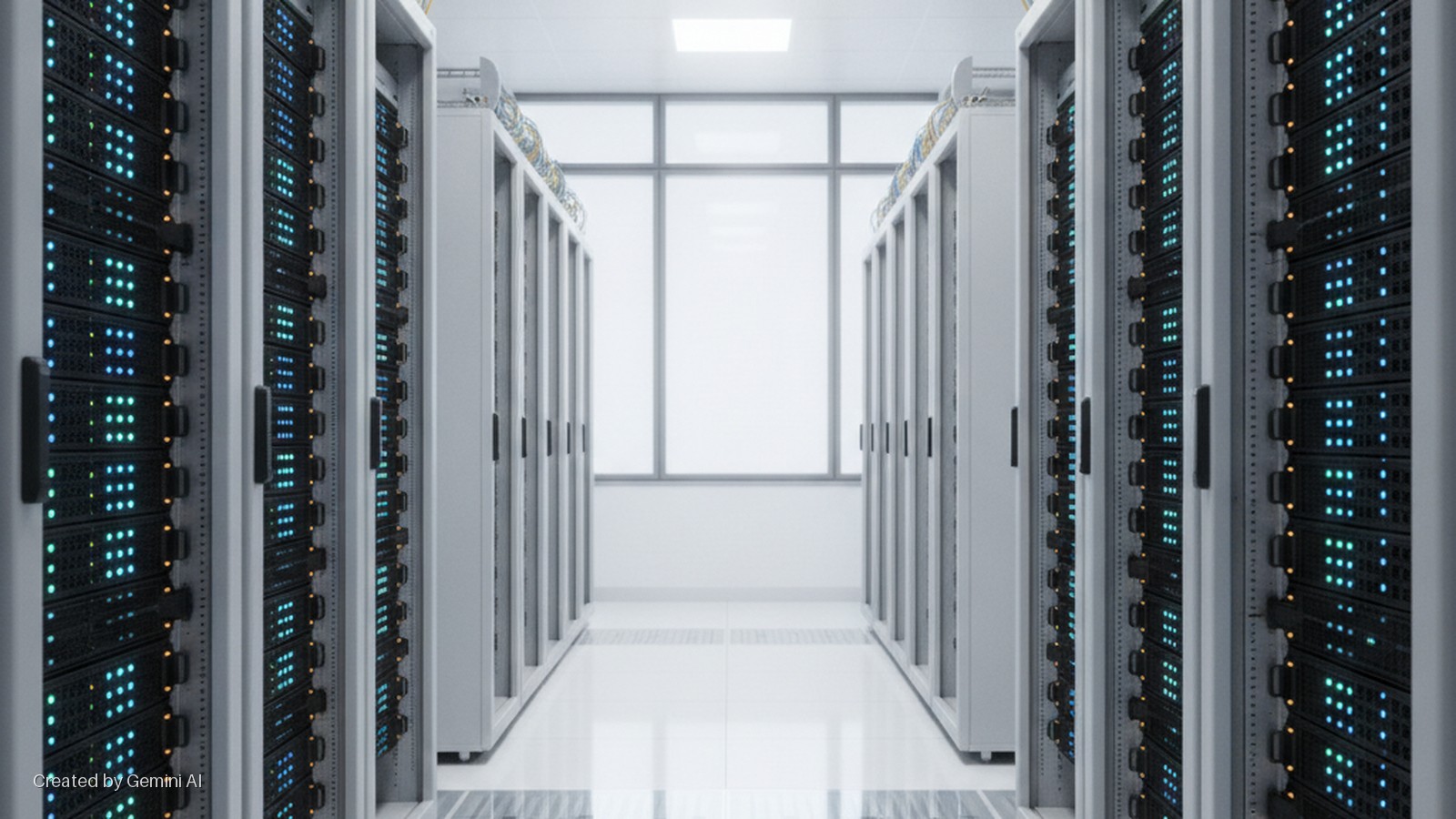 Rows of server racks with blue and green indicator lights line a bright white data center aisle, terminating at large windows.