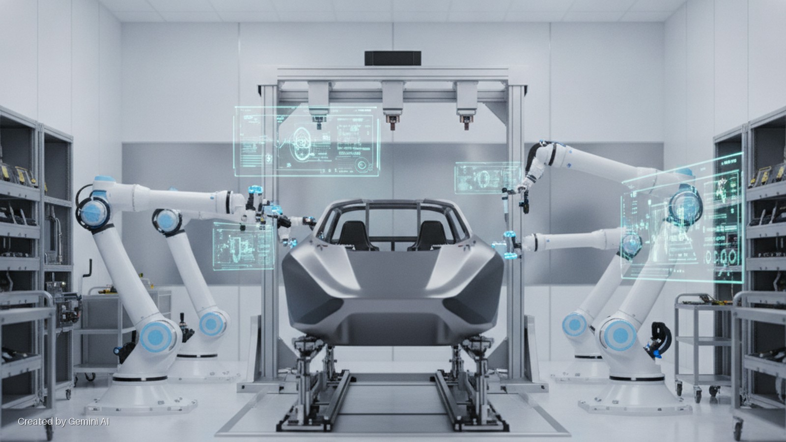 Four robotic arms interact with a grey car chassis in a brightly lit, clean industrial facility, surrounded by shelving units and displaying blue holographic interfaces.
