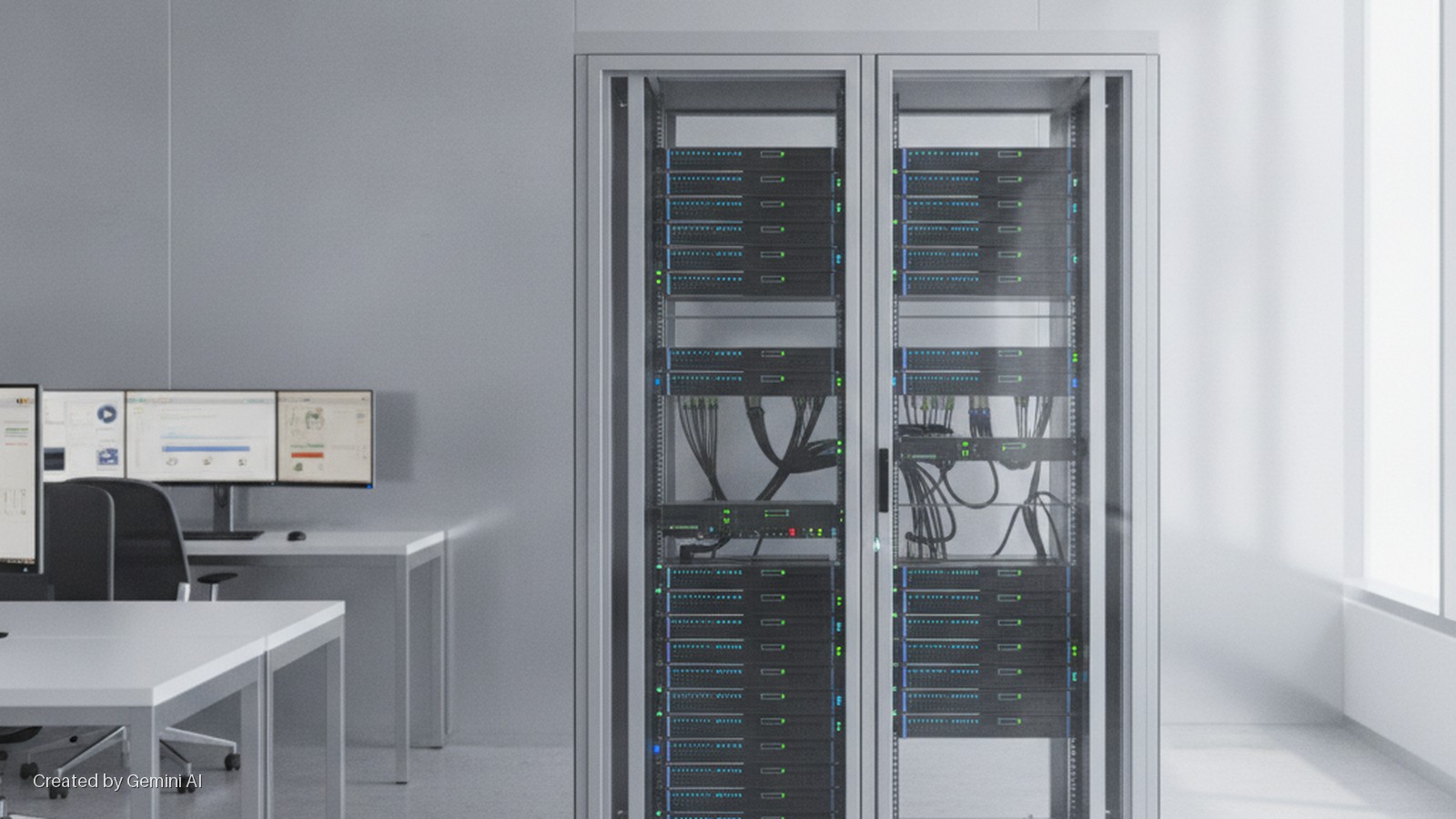 Brightly lit server racks filled with active equipment and visible cables stand in a modern office setting alongside multiple computer monitors on white desks.