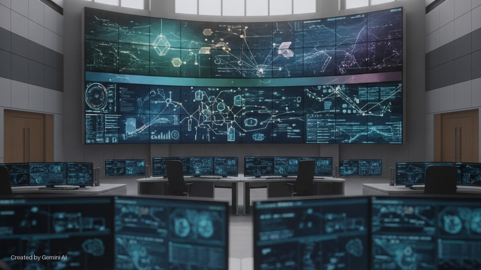 A brightly lit command center features a large curved multi-screen video wall displaying intricate network diagrams and data, fronted by rows of desks each with multiple computer monitors and office chairs.