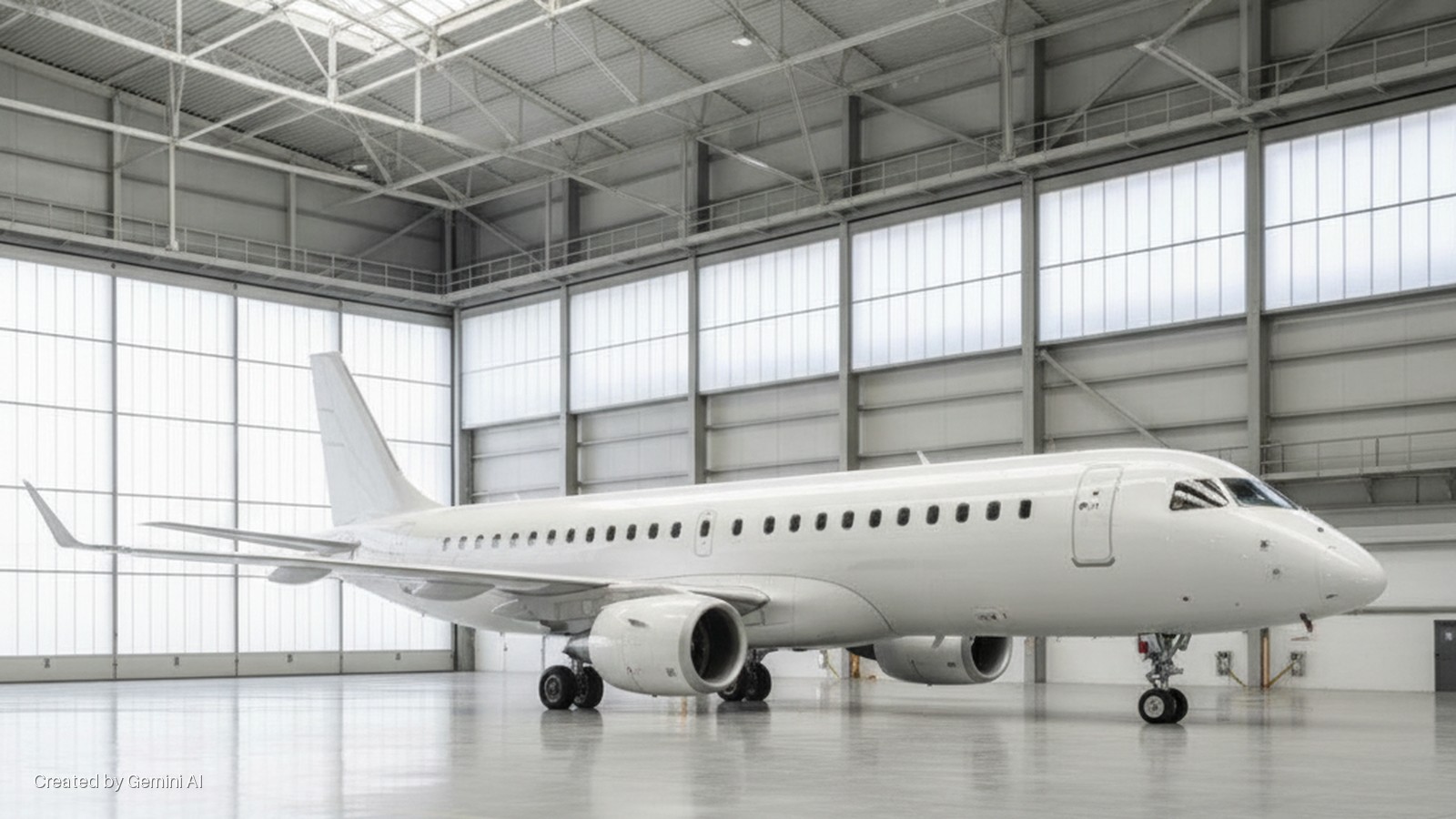 A white private jet is parked on a reflective floor inside a brightly lit hangar with translucent wall panels.