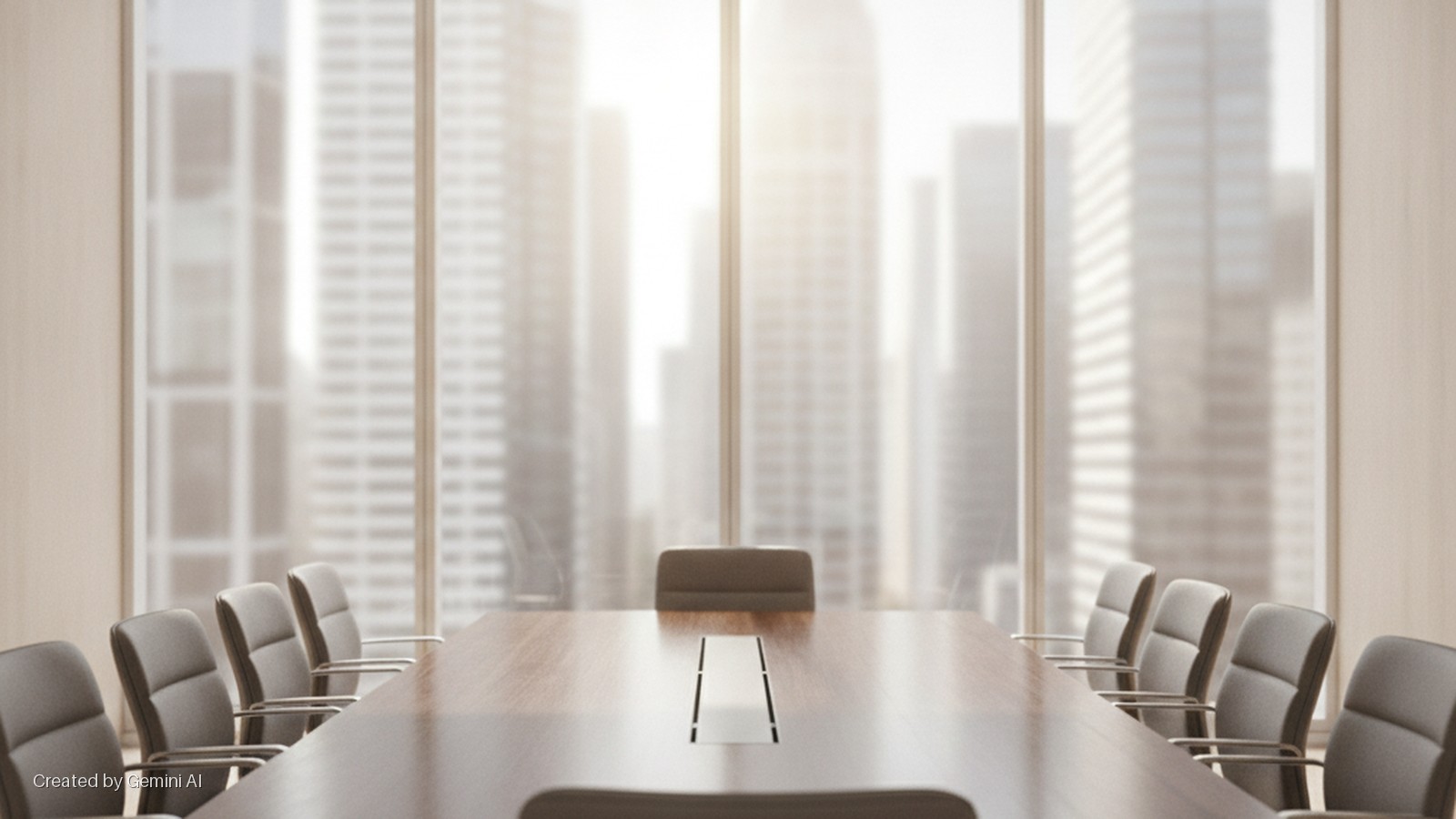 A modern conference room features a long wooden table surrounded by grey chairs, with bright natural light streaming through large windows overlooking a blurred city skyline.