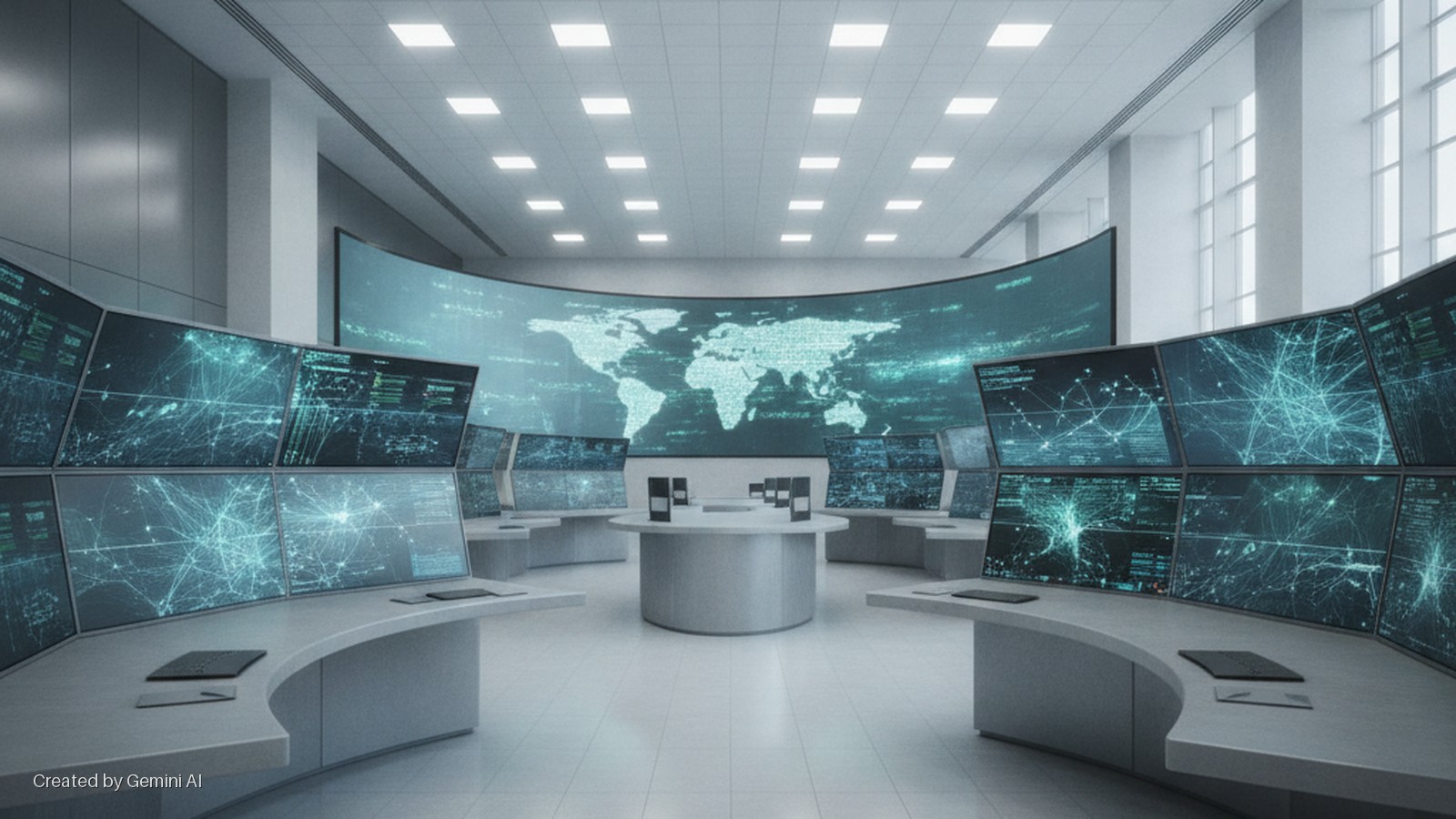 A brightly lit modern control room features rows of multi-panel monitors displaying digital data, a large curved screen showing a world map, and several curved desks surrounding a central table.