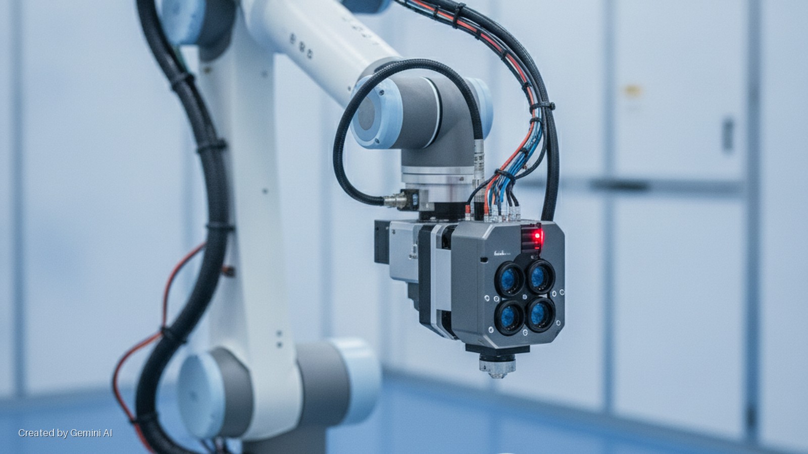 A white and grey robotic arm holds a dark grey vision system end-effector with four blue lenses and a red indicator light in a brightly lit cleanroom environment.