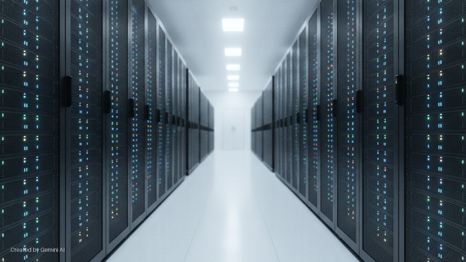 A bright, sterile data center hallway is lined on both sides with rows of server racks displaying glowing indicator lights, extending into the distance toward a door under square overhead lights.