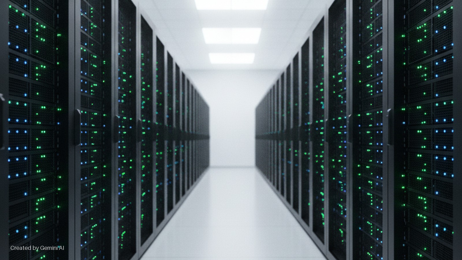 A long, white data center hallway with bright overhead lighting is flanked by black server racks displaying an array of active green and blue indicator lights.
