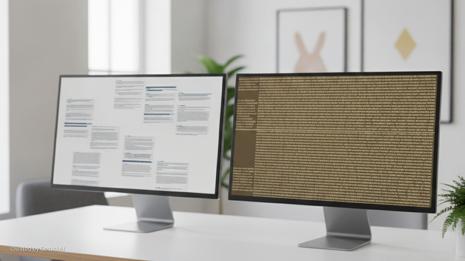 Two silver-stand computer monitors sit on a white desk in a brightly lit modern office; the left screen displays multiple text documents, while the right screen shows rows of data on a brown background, with wall art and a houseplant in the